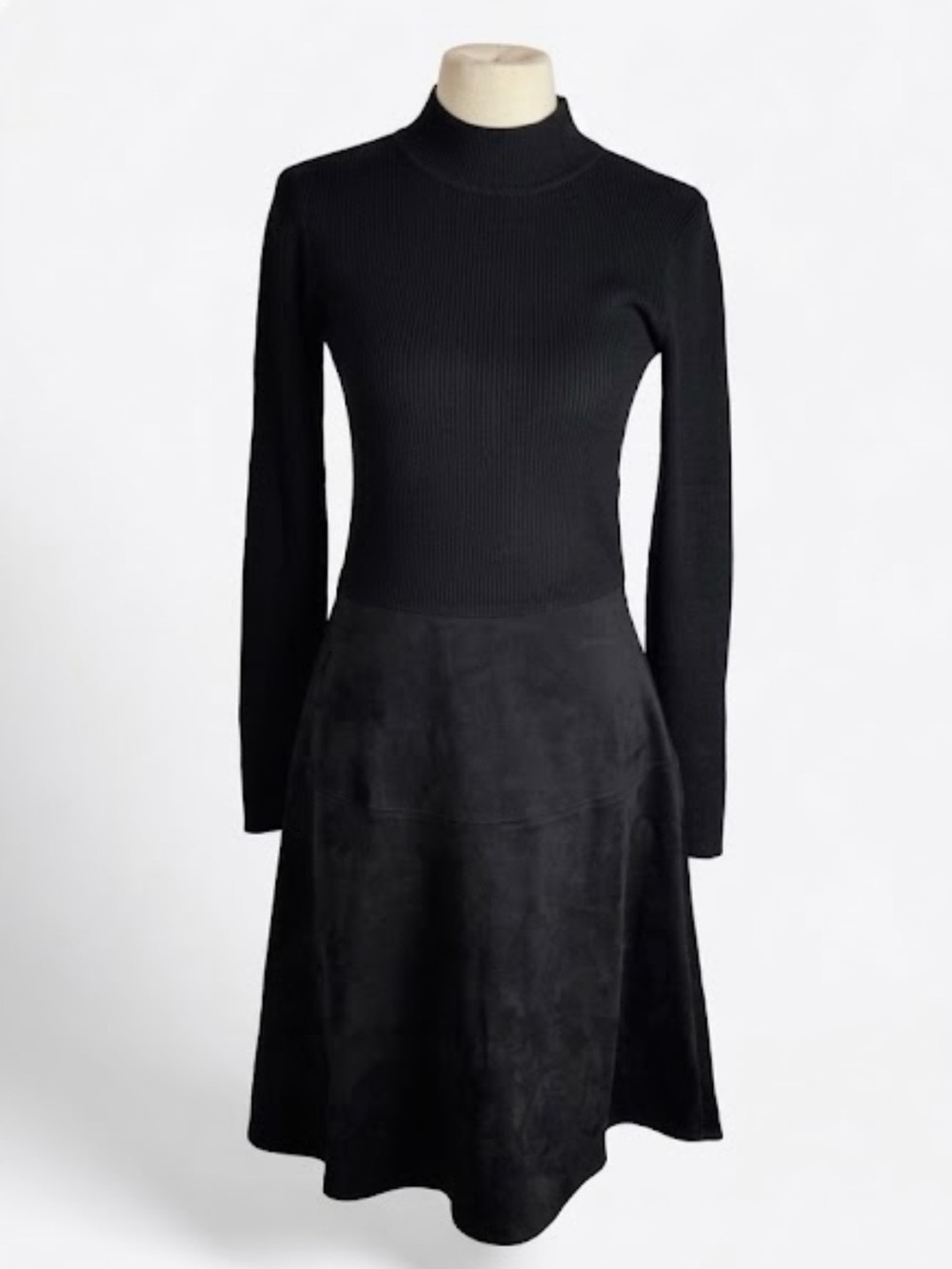 Tahari Ribbed Knit Mock Neck Dress w/ Faux Suede Skirt Midi. Black Large Elegant